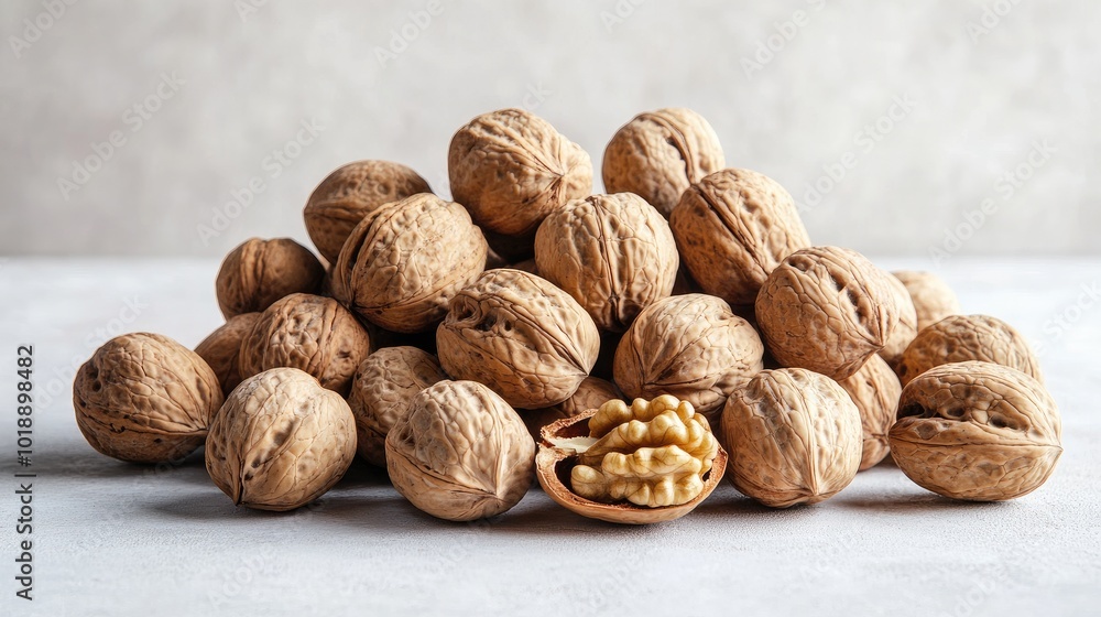 A pile of unshelled walnuts with one split open, placed on a white surface, highlighting the contrast between the shell and nut. A pile of unshelled walnuts with one split open, placed on a white surface, highlighting the contrast between the shell and nut.
