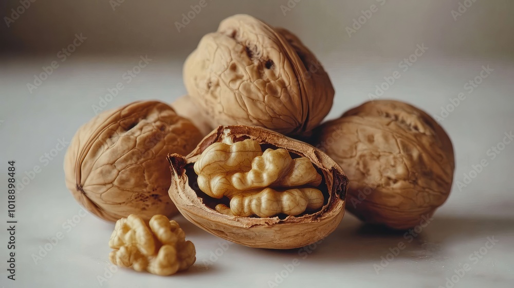 A pile of unshelled walnuts with one split open, placed on a white surface, highlighting the contrast between the shell and nut. A pile of unshelled walnuts with one split open, placed on a white surface, highlighting the contrast between the shell and nut.