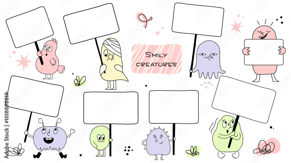 Set of cute monsters with empty board for text in hands, funny pastel creatures, different emotions and poses, place for text, vector illustration, character with text box Set of cute monsters with empty board for text in hands, funny pastel creatures, different emotions and poses, place for text, vector illustration, character with text box