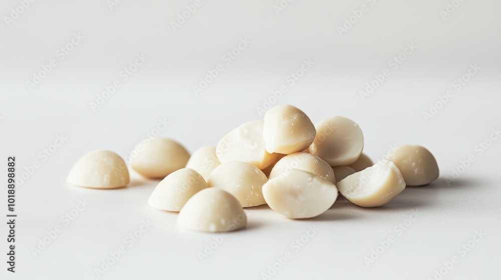 A small pile of whole and split macadamia nuts isolated on a clean white surface, highlighting their smooth, creamy surface. A small pile of whole and split macadamia nuts isolated on a clean white surface, highlighting their smooth, creamy surface.