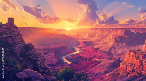 Stunning panoramic view of the grand canyon at sunset with watchtower overlooking vibrant rock formations and the colorado river below. Canyon at Sunrise. Illustration