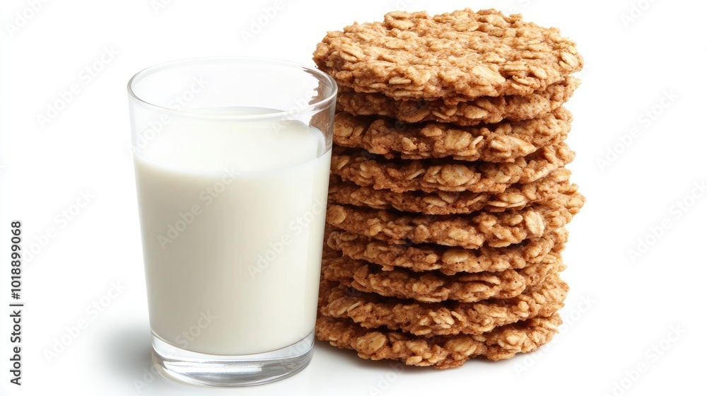 A stack of crunchy bran cereal biscuits placed on a white background, with a glass of milk positioned beside them. A stack of crunchy bran cereal biscuits placed on a white background, with a glass of milk positioned beside them.