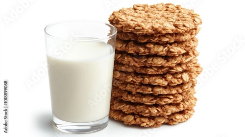 A stack of crunchy bran cereal biscuits placed on a white background, with a glass of milk positioned beside them.