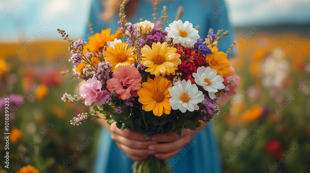 a woman holds a bouquet of wildflowers against a background of grass a woman holds a bouquet of wildflowers against a background of grass