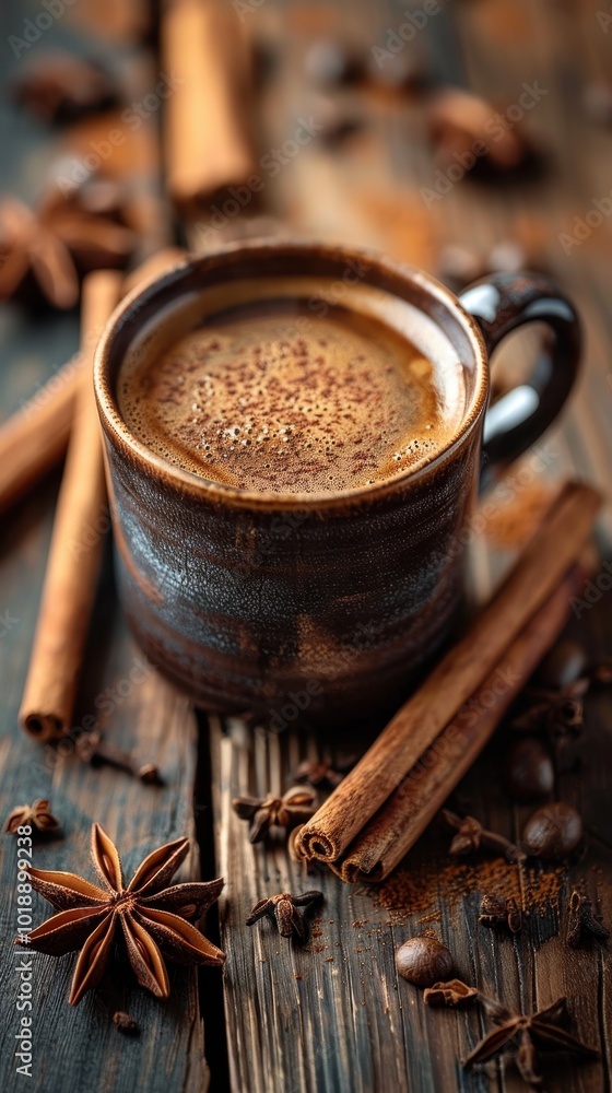A warm cup of coffee on a rustic wooden surface with cinnamon and star anise A warm cup of coffee on a rustic wooden surface with cinnamon and star anise