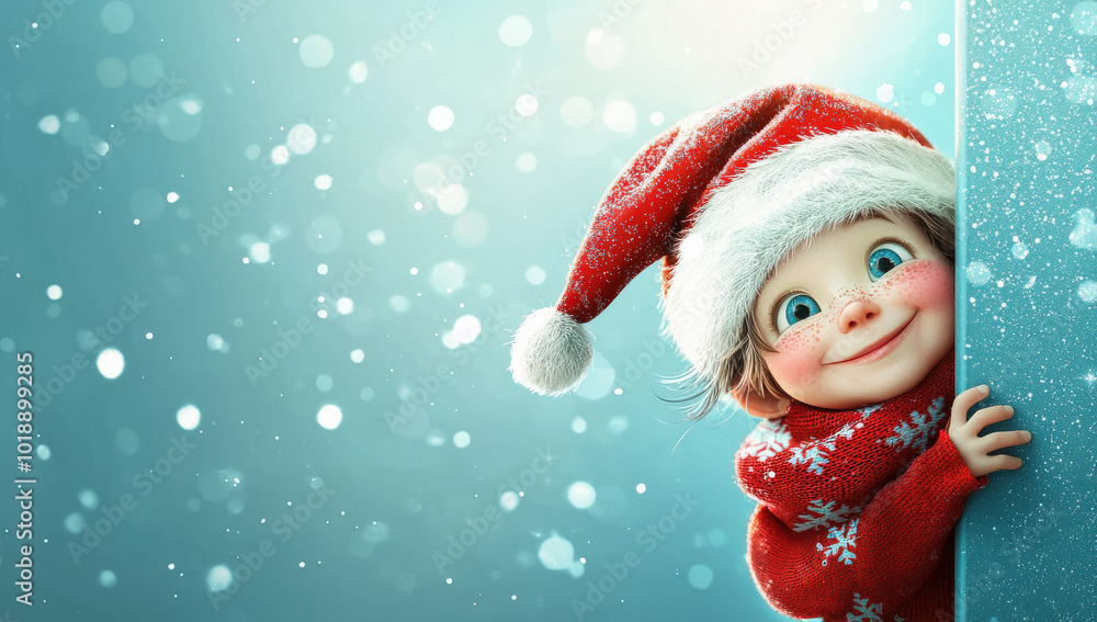 niño de dibujos animados mirando desde un muro, vistiendo gorro de papá noel y bufanda roja, sobre fondo brillante verde menta y bokeh en circulos y espacio vacio publicitario niño de dibujos animados mirando desde un muro, vistiendo gorro de papá noel y bufanda roja, sobre fondo brillante verde menta y bokeh en circulos y espacio vacio publicitario