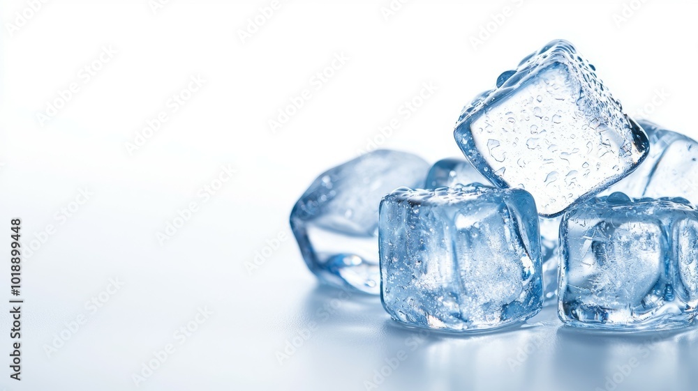 Clear ice cubes scattered on a smooth surface, reflecting light in a bright setting Clear ice cubes scattered on a smooth surface, reflecting light in a bright setting
