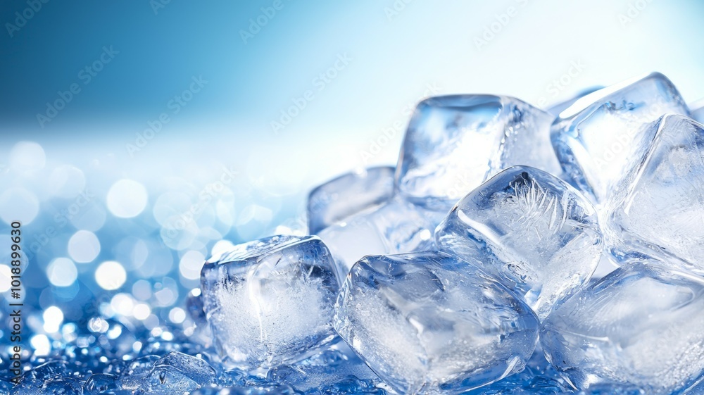 Clear ice cubes scattered on a reflective surface with a soft blue background in a bright setting Clear ice cubes scattered on a reflective surface with a soft blue background in a bright setting