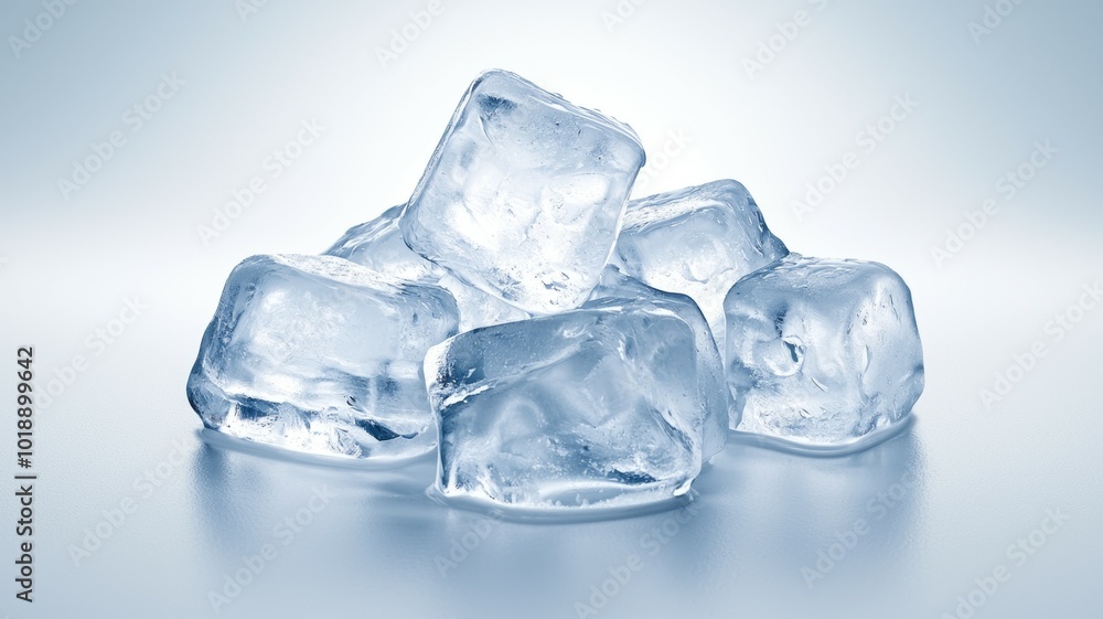 Clear ice cubes stacked together on a smooth surface illuminated by soft blue light in a minimalist setting Clear ice cubes stacked together on a smooth surface illuminated by soft blue light in a minimalist setting