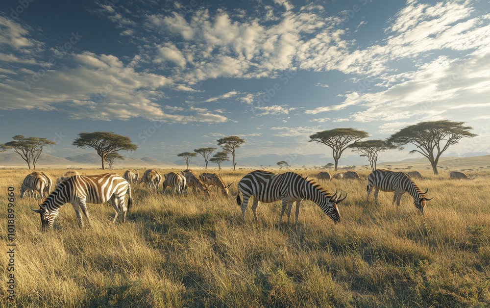 A stallion quagga stands alert and vigilant, keeping a watchful eye over its herd as they graze in the golden light of the African savanna A stallion quagga stands alert and vigilant, keeping a watchful eye over its herd as they graze in the golden light of the African savanna