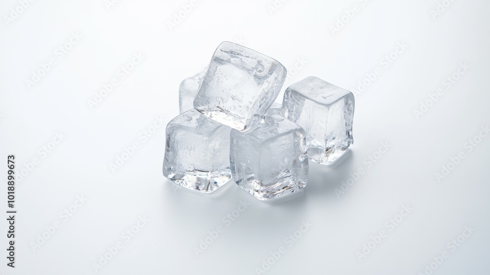 Clear ice cubes stacked together on a smooth surface in a well-lit setting Clear ice cubes stacked together on a smooth surface in a well-lit setting