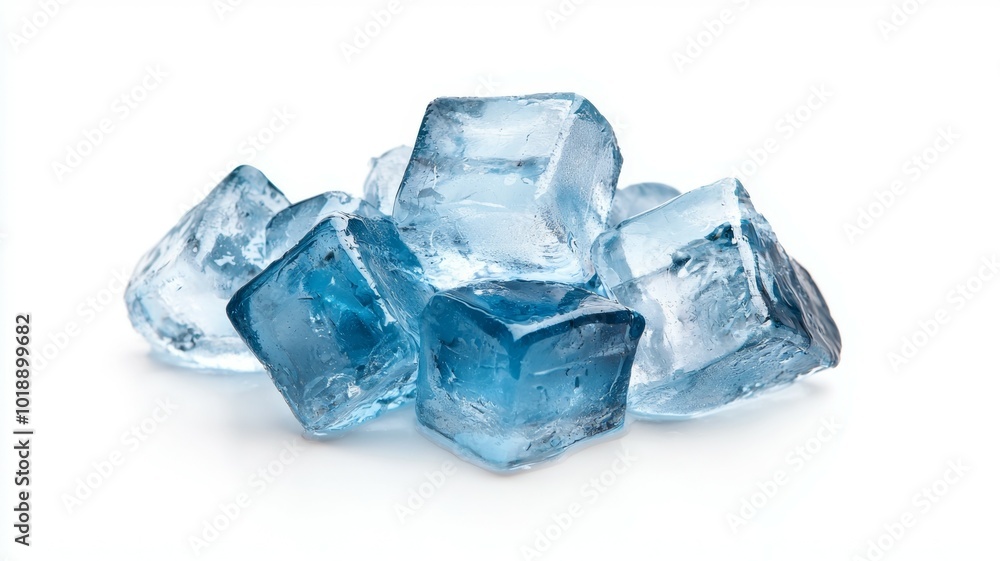 A close-up view of blue ice cubes stacked together on a white surface A close-up view of blue ice cubes stacked together on a white surface