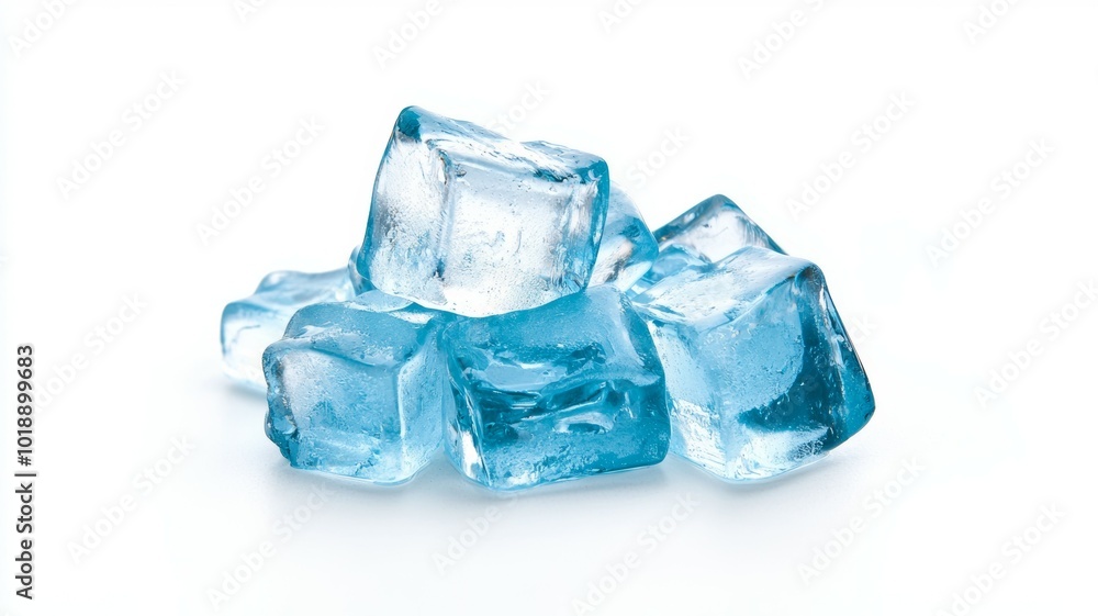 A cluster of clear blue ice cubes resting on a white background ideal for drinks and summer refreshments A cluster of clear blue ice cubes resting on a white background ideal for drinks and summer refreshments