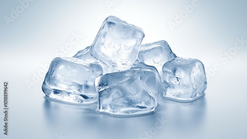 Clear ice cubes stacked together on a smooth surface illuminated by soft blue light in a minimalist setting