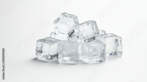 A cluster of clear ice cubes on a white surface ready for refreshing beverages or ice baths