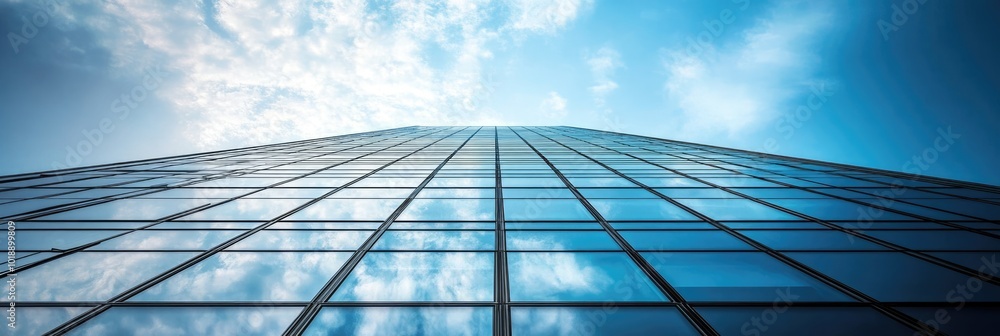 Low angle view of skyscraper with glass windows and blue sky background for business, trade and finance concept Low angle view of skyscraper with glass windows and blue sky background for business, trade and finance concept