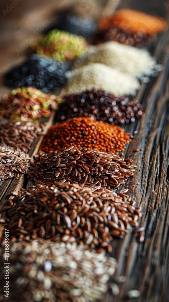 Colorful variety of grains, including flax seeds, on a wooden table in a rustic setting Colorful variety of grains, including flax seeds, on a wooden table in a rustic setting