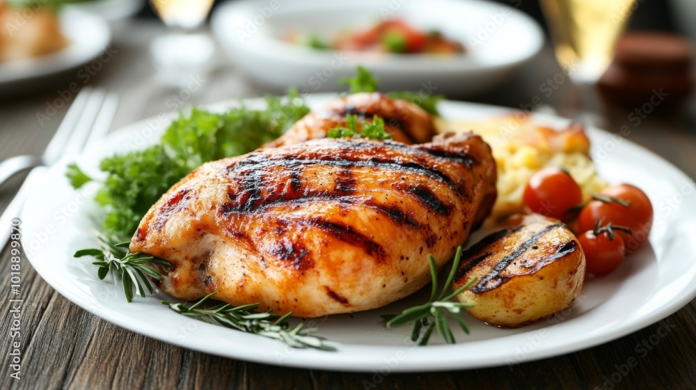 Grilled Chicken with Vegetables on a White Plate Grilled Chicken with Vegetables on a White Plate