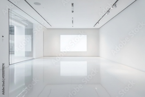 A minimalist white room with a simple glass sign, emphasizing sparse and modern design.