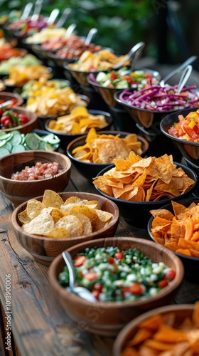 A delightful spread of chips and fresh condiments for a casual party gathering with friends