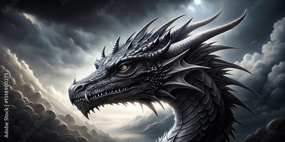 Majestic Black and White Dragon Illustration with Detailed Scales and Fierce Expression in Profile Majestic Black and White Dragon Illustration with Detailed Scales and Fierce Expression in Profile