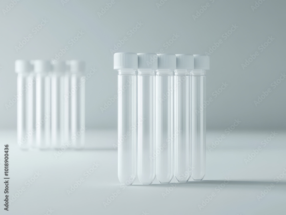 Two groups of clear test tubes, organised and symmetrically placed against a soft background. Two groups of clear test tubes, organised and symmetrically placed against a soft background.