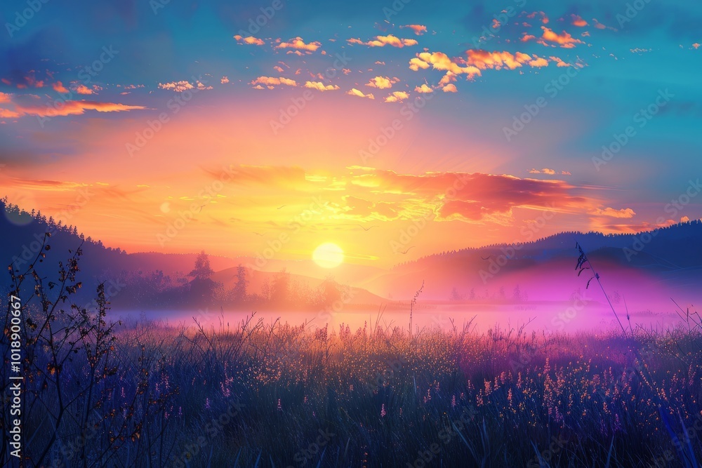 Fototapeta premium a vibrant sunrise illuminating a peaceful landscape for International Day of Light