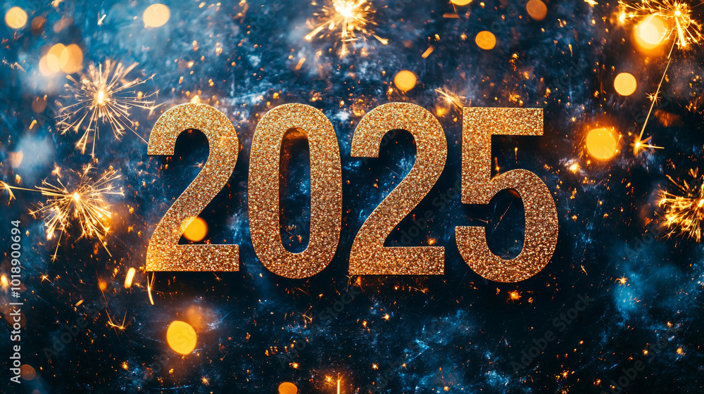 Golden number 2025 and fireworks on blue sparkle and glitter bokeh background. Merry Christmas and Happy New Year celebrating winter holiday background. Golden number 2025 and fireworks on blue sparkle and glitter bokeh background. Merry Christmas and Happy New Year celebrating winter holiday background.