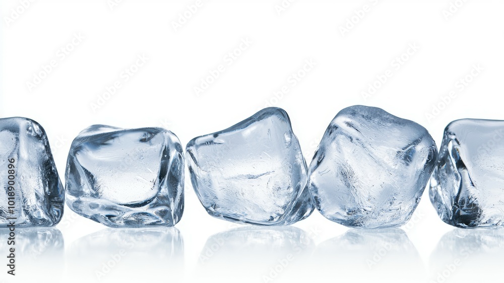 Clear ice cubes arranged neatly on a white background for a refreshing beverage presentation Clear ice cubes arranged neatly on a white background for a refreshing beverage presentation