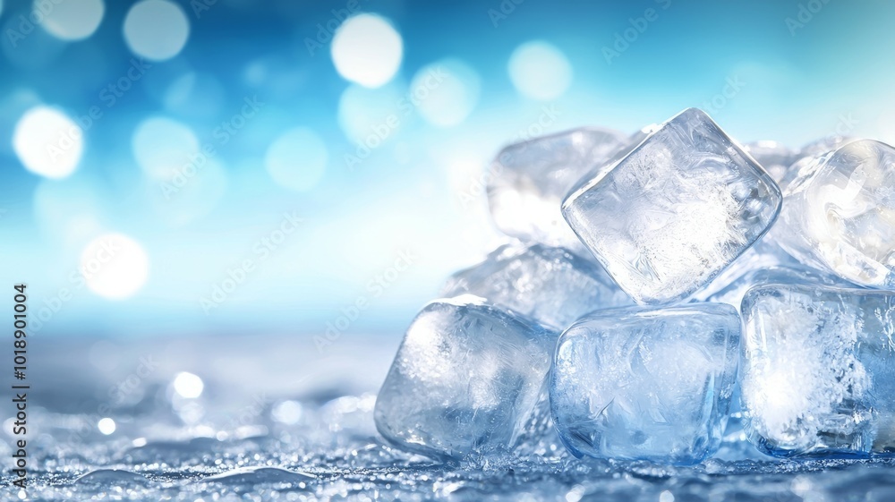 Clear ice cubes resting on a reflective surface with a soft blue background in a cool atmosphere Clear ice cubes resting on a reflective surface with a soft blue background in a cool atmosphere
