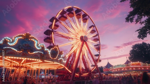 A Ferris wheel illuminated against a vibrant sunset sky, surrounded by other carnival rides.