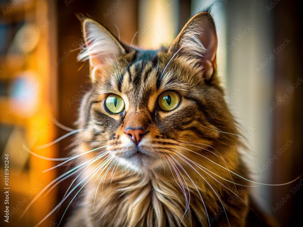 Majestic Cat Showcasing Its Long Whiskers in a Relaxed Indoor Setting with Soft Natural Light Majestic Cat Showcasing Its Long Whiskers in a Relaxed Indoor Setting with Soft Natural Light