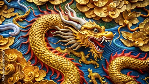 Wallpaper Mural Majestic Chinese Dragon in Gold Design with Intricate Details and Vibrant Colors for Cultural Art Torontodigital.ca