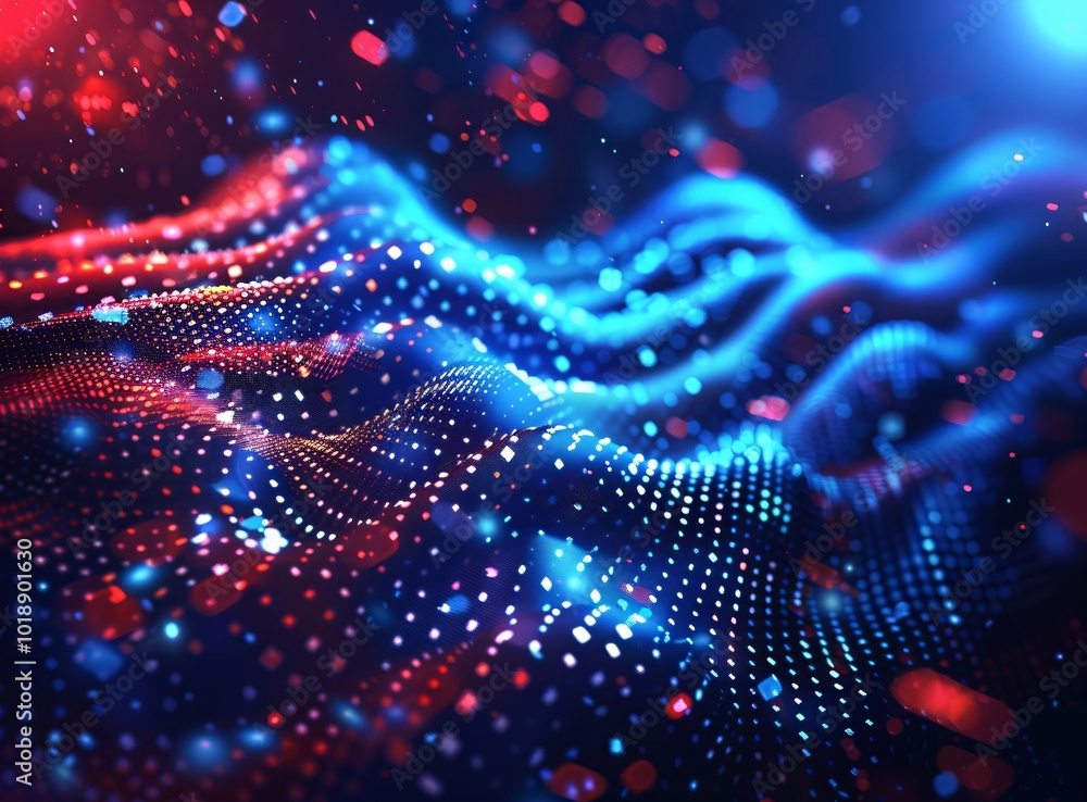 Futuristic abstract 3d red and blue flowing wave made of dots on black background. Digital data structure. Future mesh or soundgrid. Cloud data center digital technology Futuristic abstract 3d red and blue flowing wave made of dots on black background. Digital data structure. Future mesh or soundgrid. Cloud data center digital technology