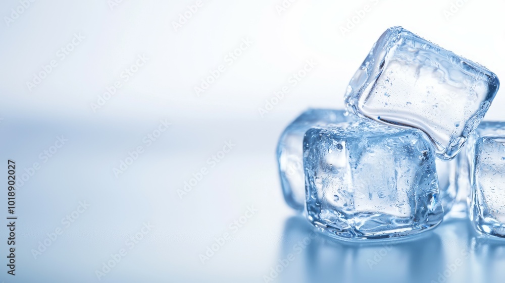 Clear ice cubes resting on a reflective surface with a soft blue background in a calm setting Clear ice cubes resting on a reflective surface with a soft blue background in a calm setting
