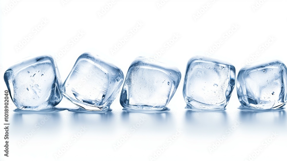 Ice cubes arranged neatly on a smooth surface, reflecting light with a bright background Ice cubes arranged neatly on a smooth surface, reflecting light with a bright background
