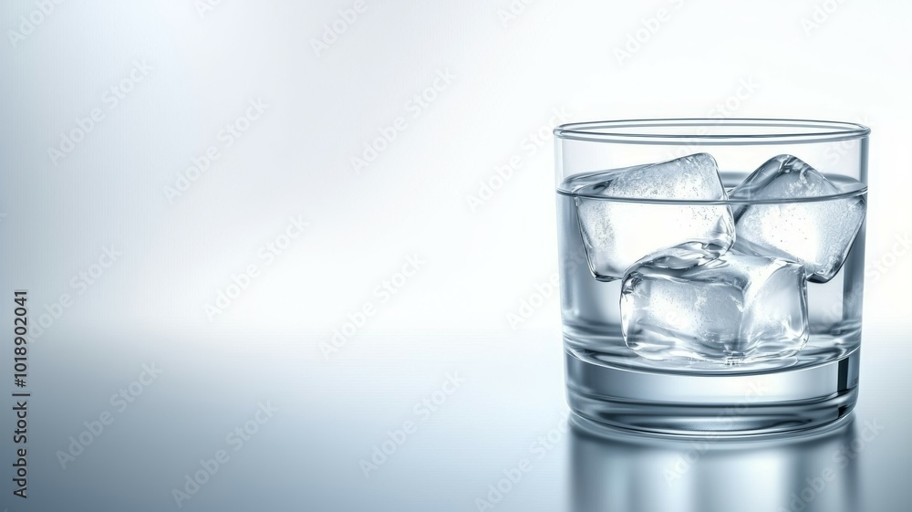 A crystal-clear glass of water with ice cubes on a smooth surface indoors A crystal-clear glass of water with ice cubes on a smooth surface indoors