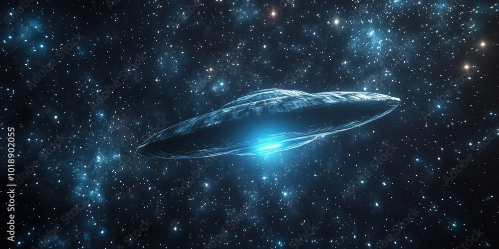 A futuristic spaceship flies through a starry sky, its glowing blue light illuminating the darkness. A futuristic spaceship flies through a starry sky, its glowing blue light illuminating the darkness.