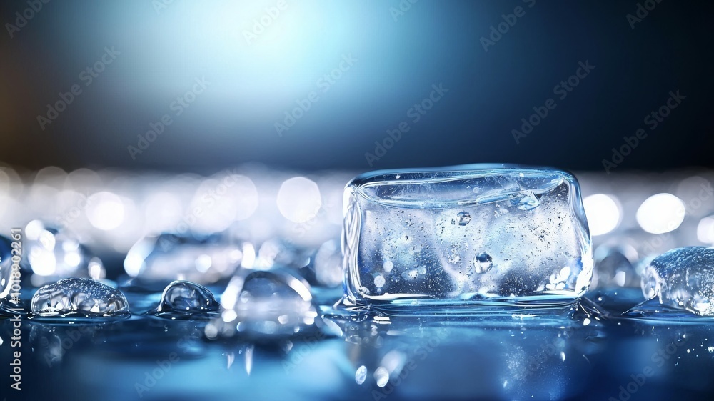 Close-up of melting ice cube on reflective surface with droplets in low light setting Close-up of melting ice cube on reflective surface with droplets in low light setting