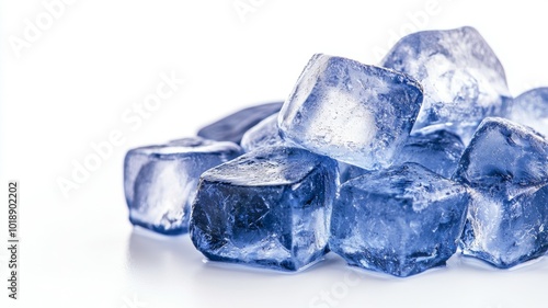 Frozen blue ice cubes stacked on a clean surface ready for refreshing beverages and cocktails