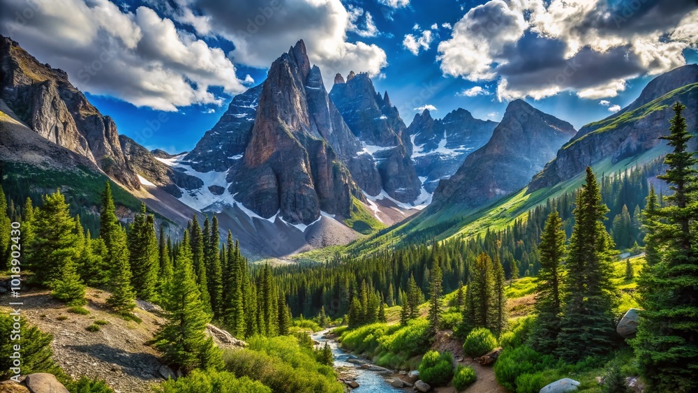 Majestic Dragon Tail Couloir in Rocky Mountains Surrounded by Lush Greenery and Clear Blue Skies Majestic Dragon Tail Couloir in Rocky Mountains Surrounded by Lush Greenery and Clear Blue Skies