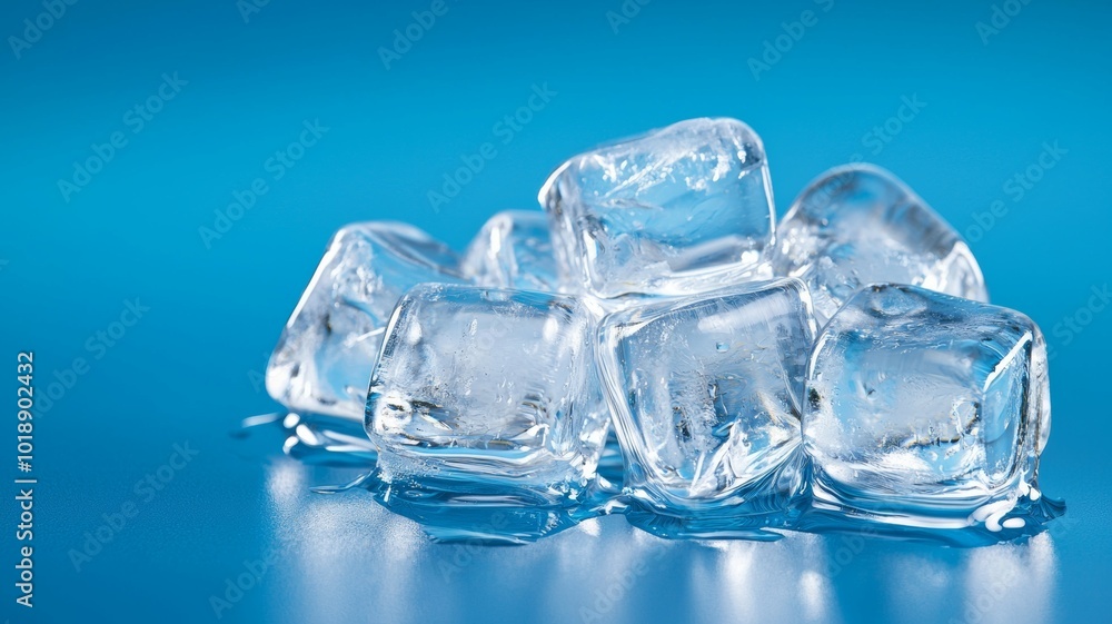 Clear ice cubes melting on a bright blue surface creating a refreshing visual effect Clear ice cubes melting on a bright blue surface creating a refreshing visual effect