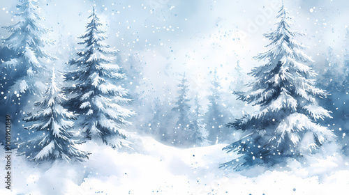 Watercolor snowy pine trees and firs illustration, winter forest hand drawn isolated illustration. Snowy Pine Forest. Illustration