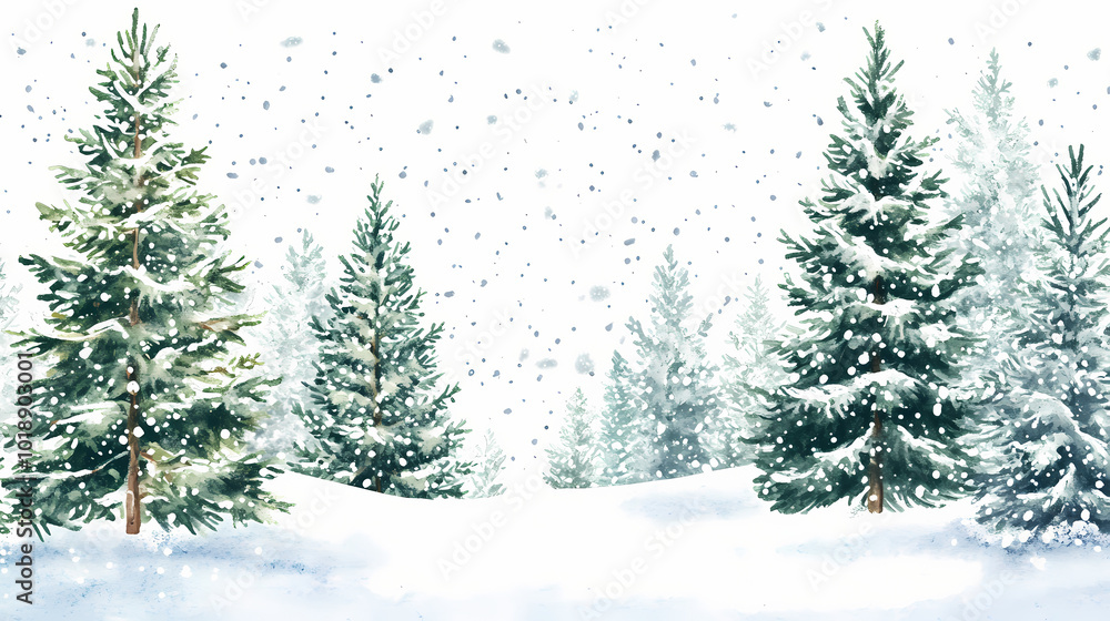 Obraz premium Winter evergreen forest landscape illustration on white background. watercolor pine and spruce trees with falling snow. christmas card design. snowy woods backdrop. Snowy Pine Forest. Illustration
