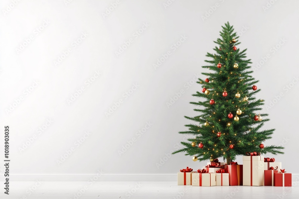 A decorated Christmas tree with gifts underneath in a minimalist setting. A decorated Christmas tree with gifts underneath in a minimalist setting.
