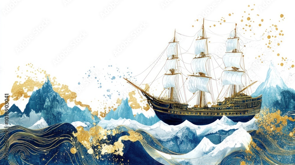 A blue and gold ship sails on a stormy sea with white sails and golden accents. A blue and gold ship sails on a stormy sea with white sails and golden accents.