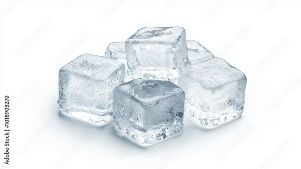 A group of clear ice cubes stacked together on a white surface against a plain background A group of clear ice cubes stacked together on a white surface against a plain background