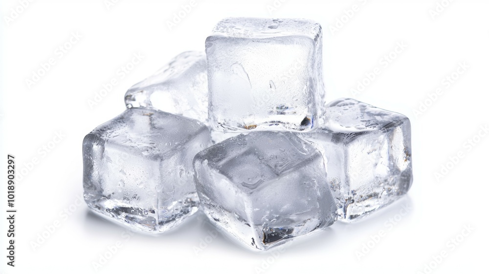 Ice cubes piled together on a white background, highlighting their clarity and geometric shape Ice cubes piled together on a white background, highlighting their clarity and geometric shape