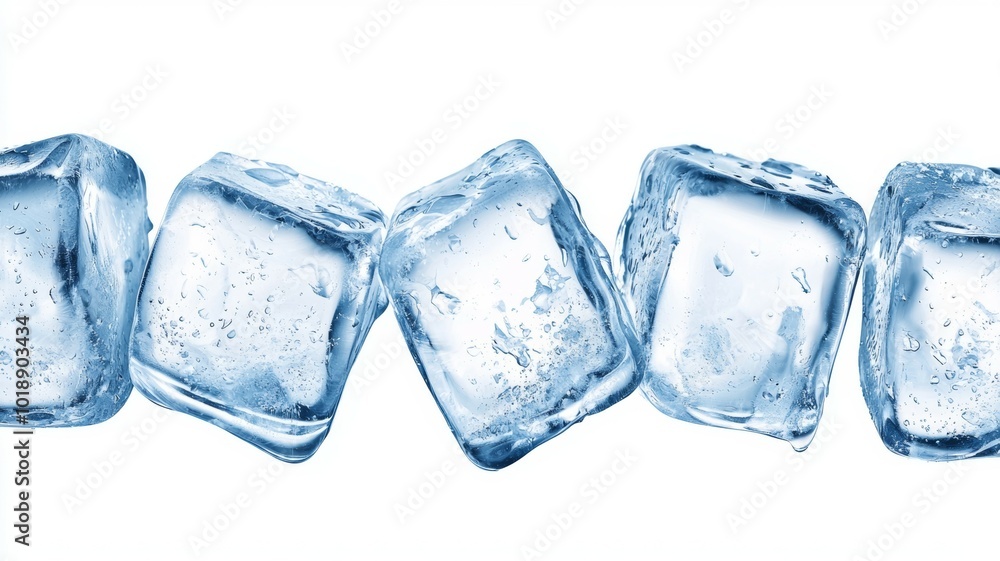 Clear ice cubes arranged on a white background, showcasing their glistening texture and cool appearance Clear ice cubes arranged on a white background, showcasing their glistening texture and cool appearance