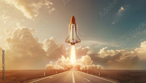 Fototapeta Naklejka Na Ścianę i Meble -  Rocket takes off on the horizon, a close-up, hyper-realistic photograph. Successful launch business lifting off